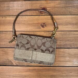 Vintage Coach Signature Wristlet Gold Brown Authentic Print Logo